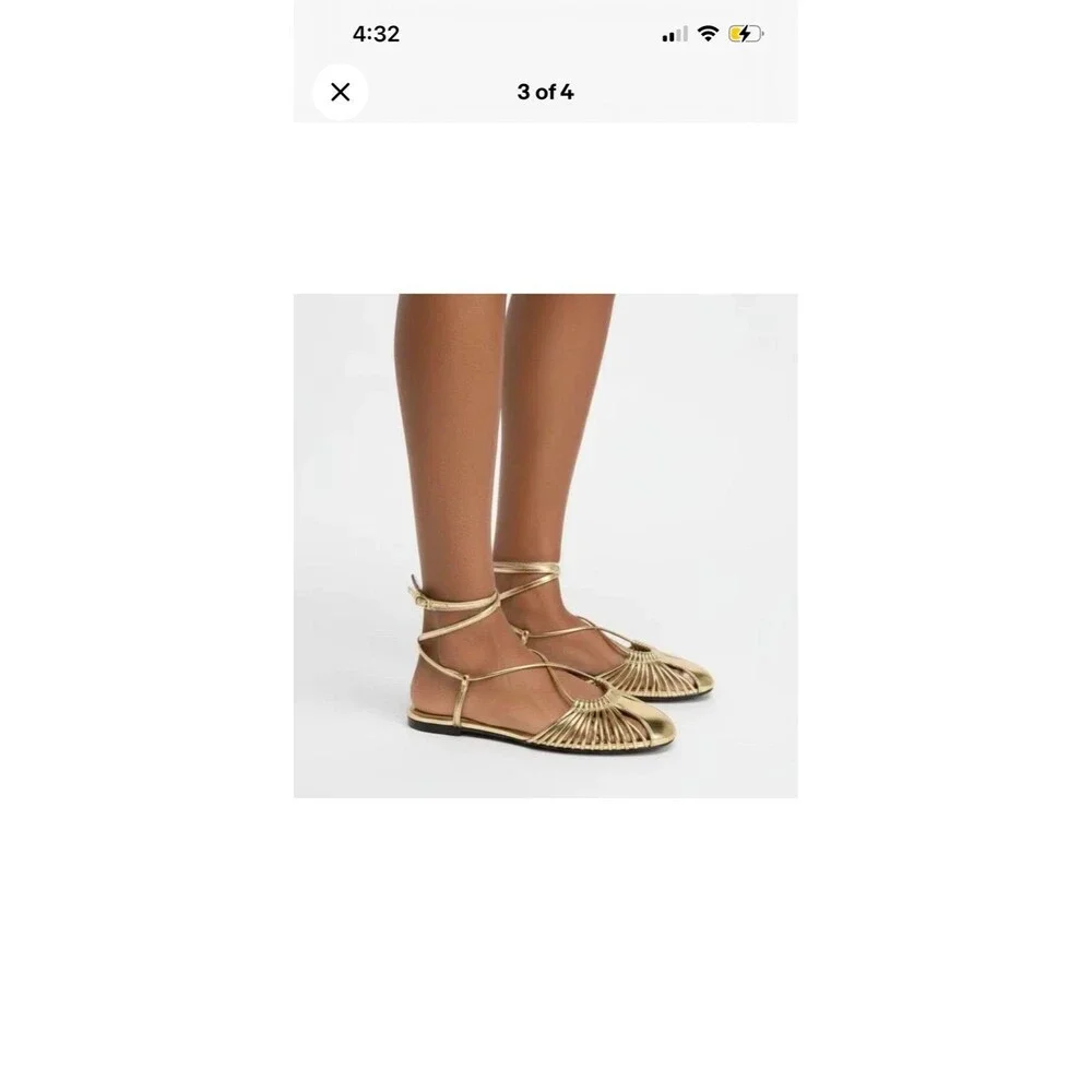 ZARA NWT Gold Strappy Flat Sandals Size 38 Metallic Cage Style Strappy - Picture 2 of 5